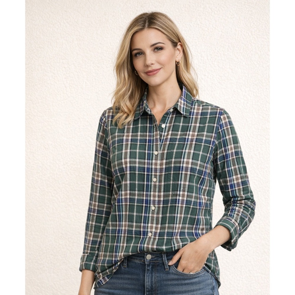 J.Crew Women's Green Blue Plaid Button‑Down Long Sleeve Cotton Shirt Size 8